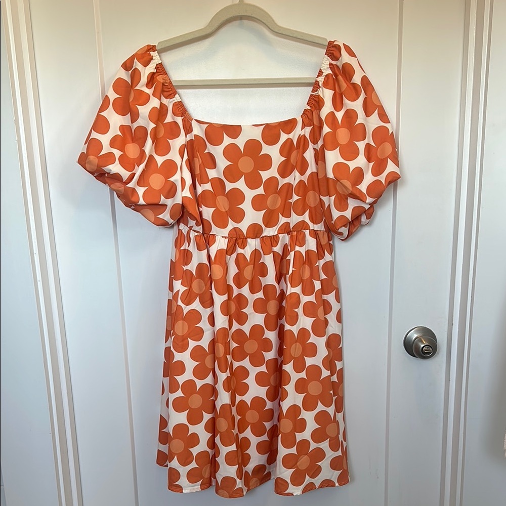 BiBi Orange and White Puff Sleeve Floral Mini Dress